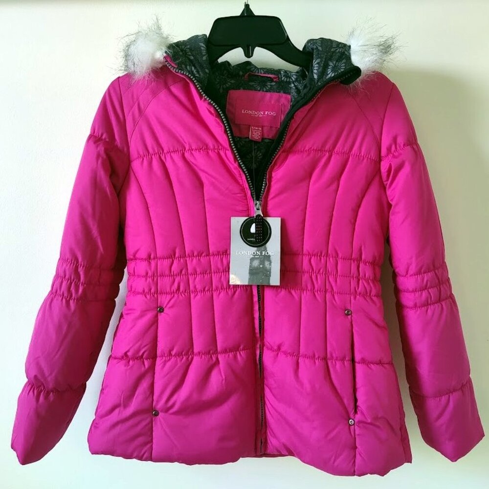 London Fog Girls Pink Fuchsia Faux Fur Trim Puffer Hooded Jacket -L (14/16) New!